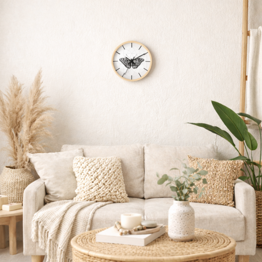 Cozy living room with a beige sofa, decorative pillows, and a clock on the wall.